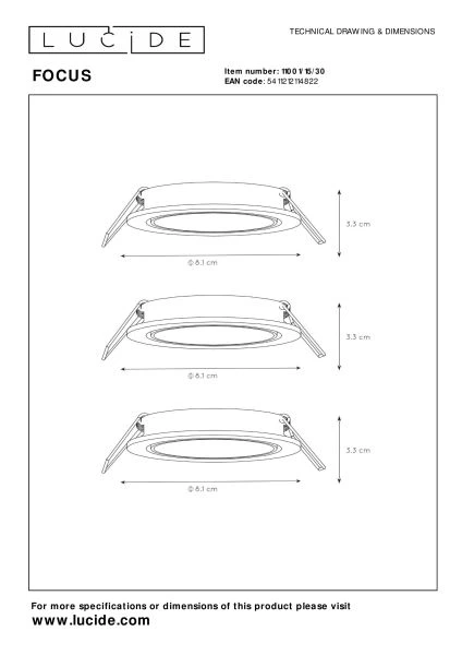 Lucide FOCUS - Einbaustrahler - Ø 8,1 cm - LED Dim. - GU10 - 3x5W 3000K - Schwarz - Set von 3 - TECHNISCH